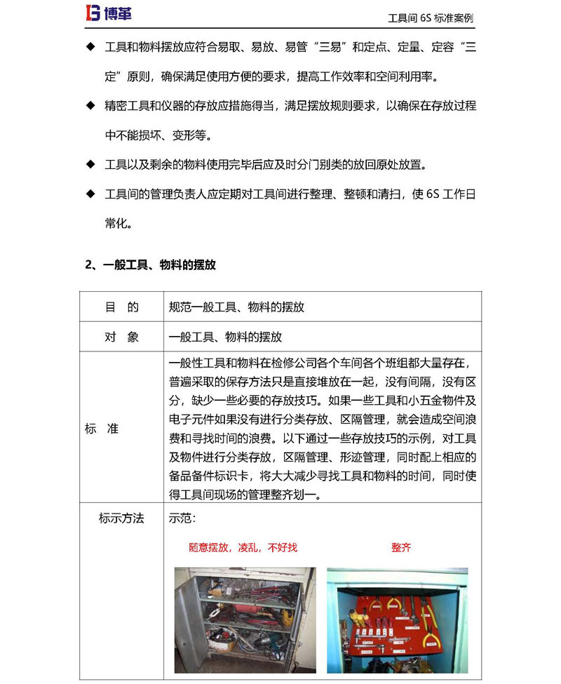 工具間一般工具，物料的擺放